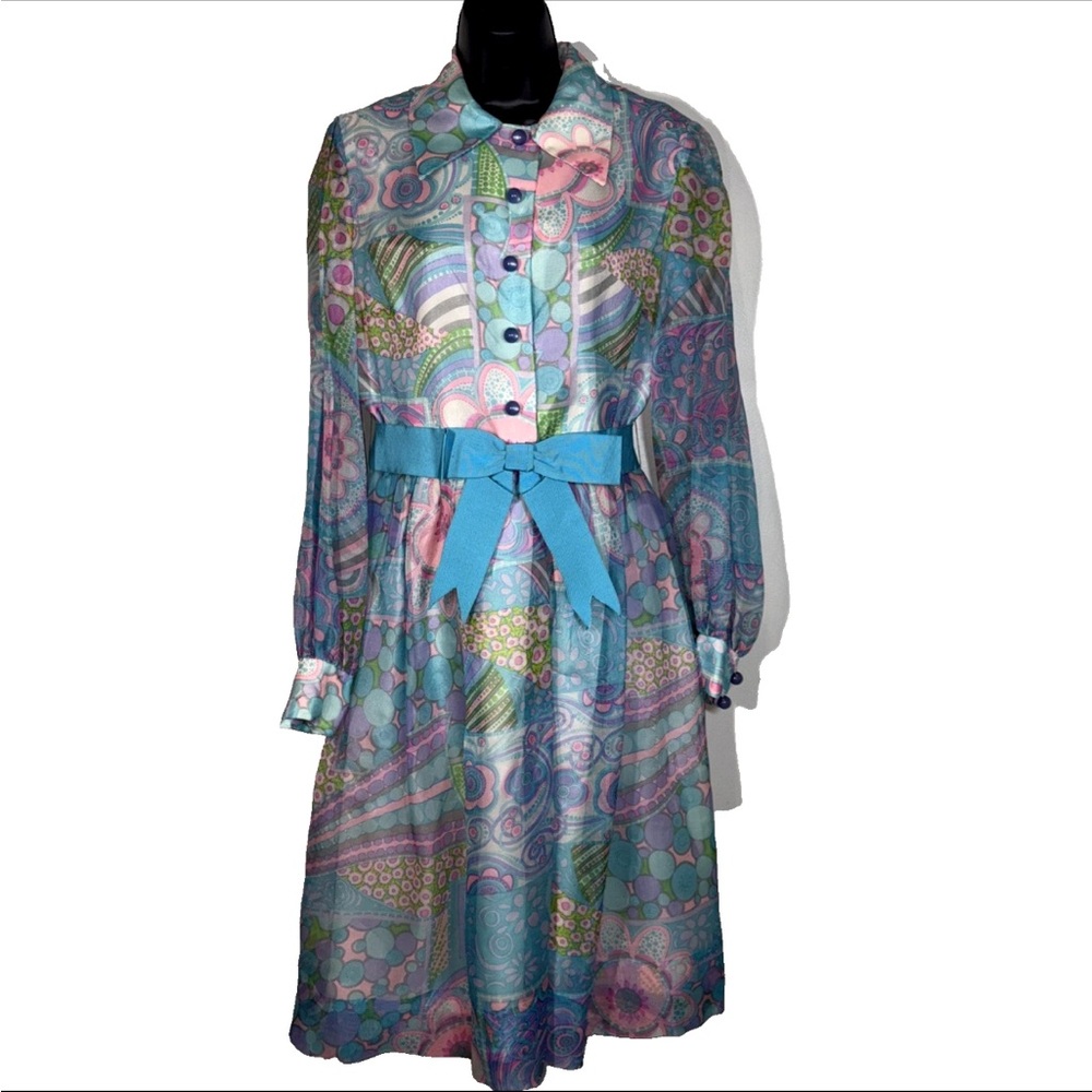 Vtg 1960s 1970s dress sz 14 Nardiello Foro Rona Floral Mod pastel silk shirt